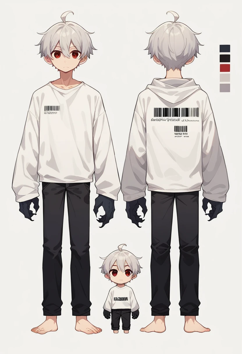 2D model reference sheet of anime boy, silver hair, ahoge, red eyes, cheek barcode, white oversized sweatshirt and black pants, barefoot, front side and back views, turnaround, white background, cute, tall chibi, big hands and feet,