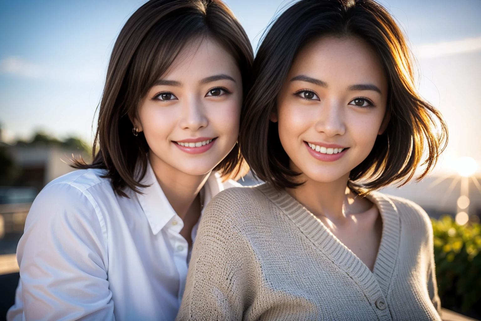 ((Highest quality、8K、masterpiece:1.lim Couple、Model Couple、Beautiful woman 1, (Slim face),(Realistic, Intricate details:1.2), full-course dinner、Wine Partying view of the sunset sky and clouds、A bright smile、The wonderfulness of smile、Bright image、The beauty of wine, Beautiful Face, blue eyes, The light shines on your face, Blushing, short hair,Bright Face、 (Age 36), A, red winpetizers、Italian food、Wine bottle、Champagne、sparkling wine、Two beauties、Brown Hair、Shortcuts、Long sleeve shirt、dress、 (The body is スリム), (Brown Hair), (Shortcuts), (smile: 1.15), Beautiful fine grain, Depth f/2,saturation, High Contrast, Strong light and shadow,Moist Body:1.5、3D texture、Delicate eyes、Brown Hair、The hair is very shiny、