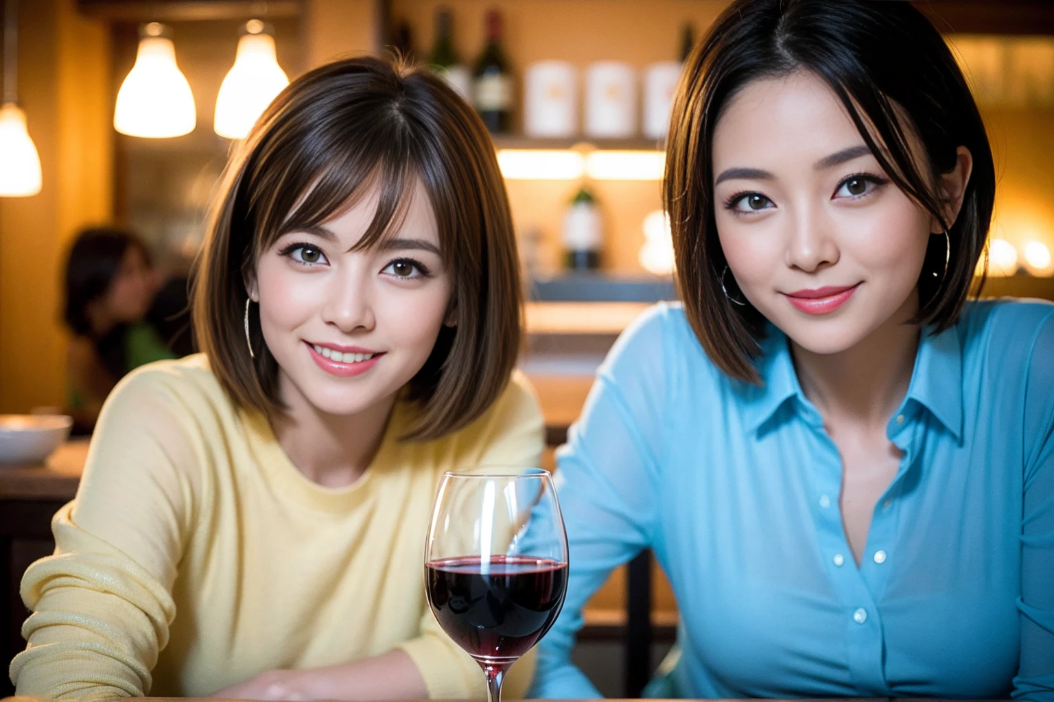 ((Highest quality、8K、masterpiece:1.3))、Slim Couple、Model Couple、Beautiful woman 1, (Slim face),(Realistic, Intricate details:1.2), full-course dinner、Wine Party、Amazing view of the sunset sky and clouds、A bright smile、The wonderfulness of smile、Bright image、The beauty of wine, Beautiful Face, blue eyes, The light shines on your face, Blushing, short hair,Bright Face、 (Age 36), Age 34, red wine 、Appetizers、Italian food、Wine bottle、Champagne、sparkling wine、Two beauties、Brown Hair、Shortcuts、Long sleeve shirt、dress、 (The body is スリム), (Brown Hair), (Shortcuts), (smile: 1.15), Beautiful fine grain, Depth f/2,saturation, High Contrast, Strong light and shadow,Moist Body:1.5、3D texture、Delicate eyes、Brown Hair、The hair is very shiny、