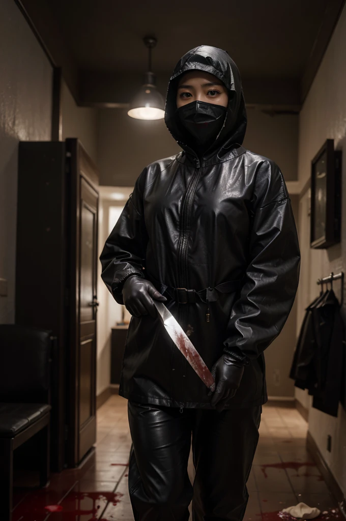 korean girl, (behind corpse, surgical mask), multiple girls, holding knife, stabbing, black raincoat, leather gloves, hood up, room full of blood, black wet suit, holding knife, leather gloves, behind corpse, blood splatter, short hair, night, mass murderer, robbery, in the house, dark atmosphere, cinematic lighting, atmospheric realistic,