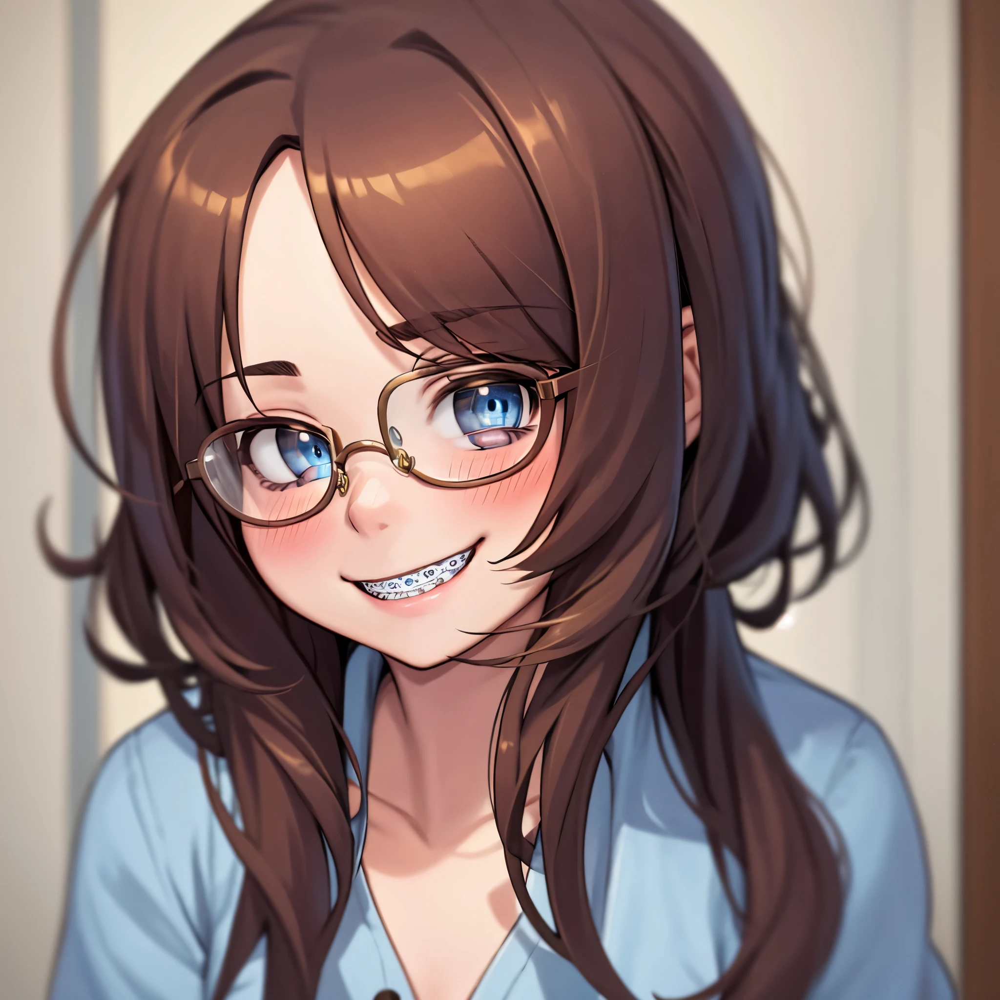 1girl, seductive eyes, braces, glasses, smiling, cute, face focus, blue eyes, blush, brown hair, best quality, masterpiece, highres