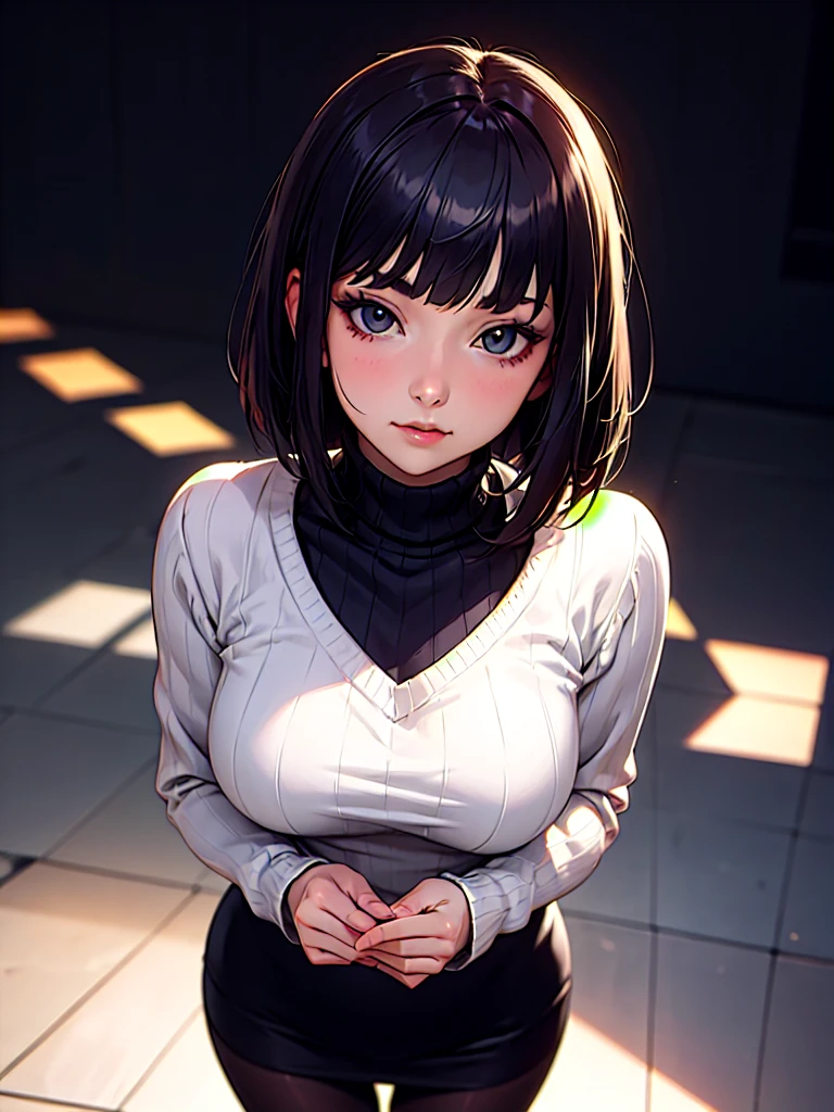 short hair,cabelo curto,Obra de arte, melhor qualidade, agrias, gray sweater, collant preto, standing, olhando para o espectador,belas coxas,roupa azul,olhar penetrante,evil look,oculos no rosto,melhor qualidade,best quality,looking at viewer,jaqueta preta,olhando para cima,olhando para cima,cabelo preto,franja nos olhos