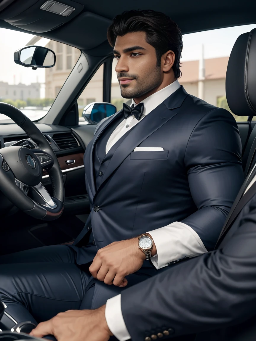 8K,8K resolution,2 Muscular Europeans, handsome man,charming eyes,dark skin,beautiful, smooth and shiny,Full muscles,Thick body hair, (wearing a stylish suit),big bag highlights,Excellent j8,emphasize,Driving a luxury convertible,The car is full of roses,Two men smiling happily,professional lighting,Professional photography,Realistic photos,realistic model,realistic art,Perfect hand details