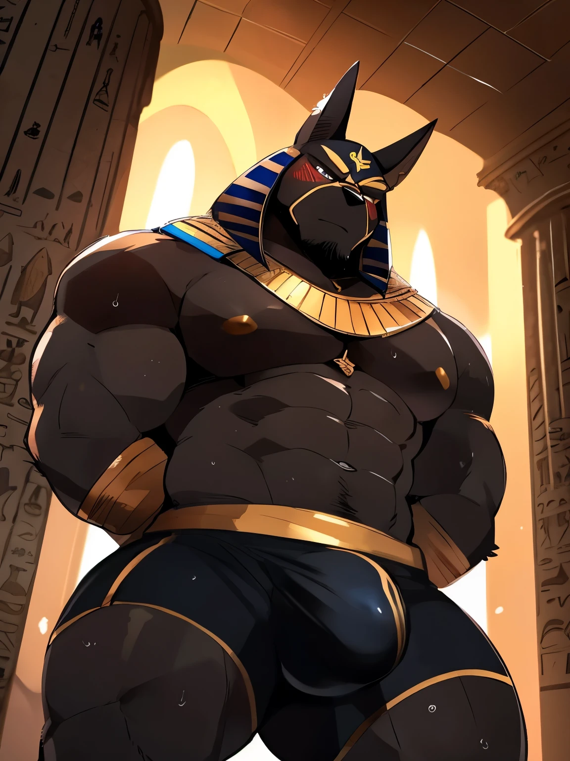 Muscular, male, furry, fluffy, Covered scars, bare chest, hot, (wet and sweaty: 1.3), abs, wide body, egyptian jewelry, egyptian armor, Looking at viewers, thick beard , (bara pecs: 1.1), anthro jackal, anubis mask, blushing, black body, black furr chest, wide body, (big chest: 1.3) , thick thighs, inside egyptian tombs, tight boxer briefs, (hands behind back: 1.1), (bulge: 1.1), precum drip, barely visible genitals, detailed genitals outline, intimidating defiant expression, looking down, gold nipples ring, dark dramatic lighting, night, low angle, dutch angle, by hyaku , by darkgem