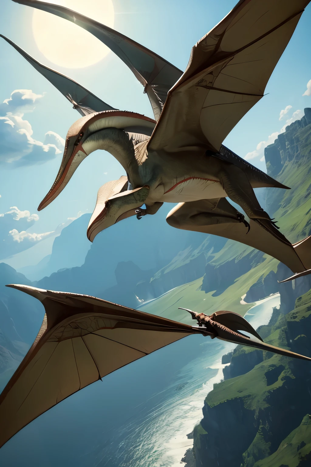 ((Highest quality)), ((masterpiece)), (detailed), Pteranodon, Pterosaurs, Giant Wings, fly in the sky, Hunting,Flying at high speed,Wide