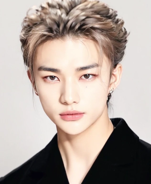 Hwang Hyunjin, black and wavy hair, highlighted cheekbones, slightly thick lips, and gray eyes. 