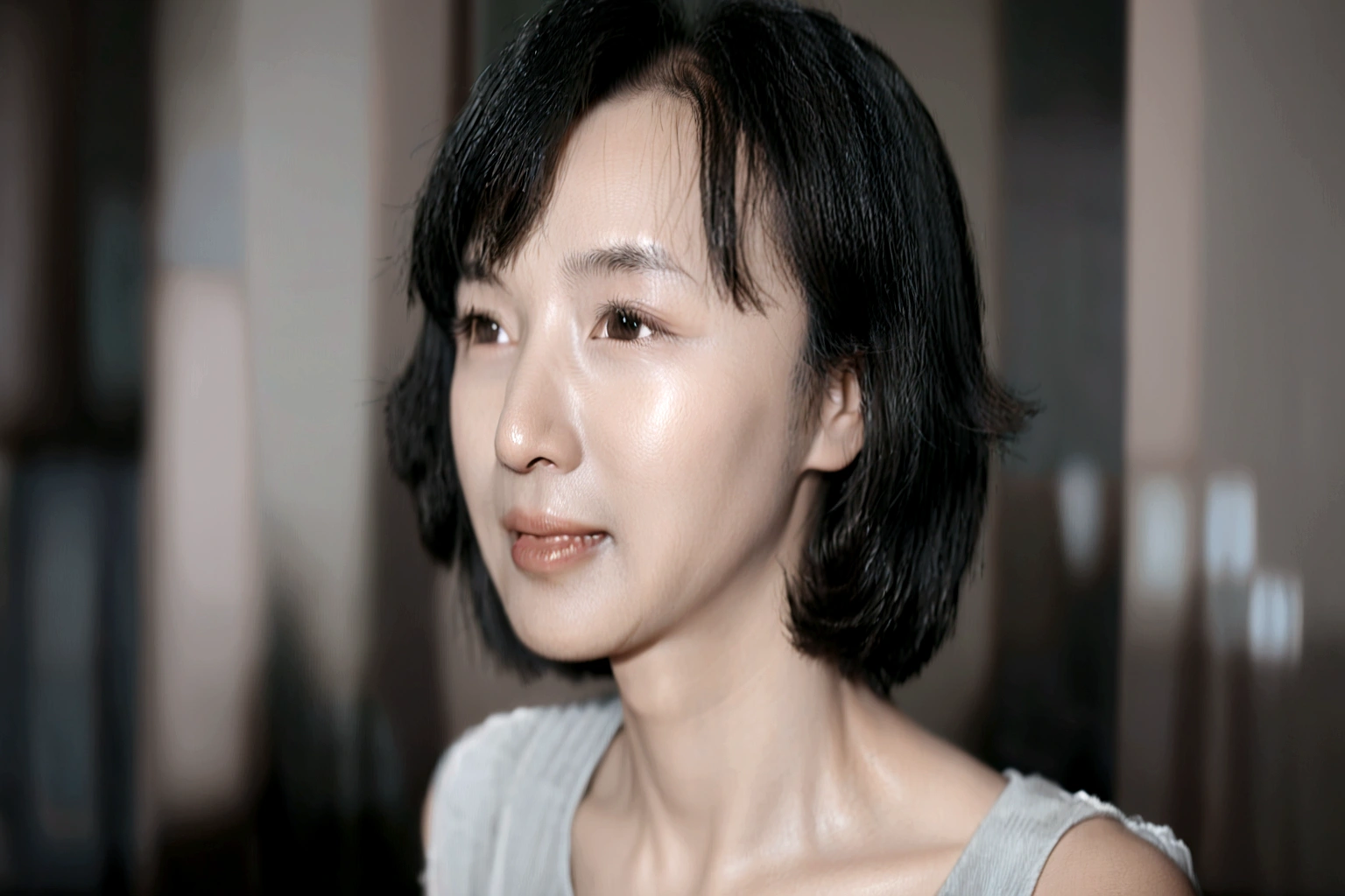 sunset on the beach,바다에 잔광이 비치네sunset on the beach 붉은 태양,A strong afterglow is reflected in the sea., Beautiful 46 year old short Korean woman, Chest size 34 inches, Wear sleeveless, light skirt. beautiful pretty woman look , wearing a light skirt , Go far into the sea water and dip your toes., Short medium hair blowing in the wind, 1 short woman, beautiful eyes, a little smile, Full body photo from a distance with a wide angle lens, The background is clear and perfect, waves driven by the wind, best high definition
