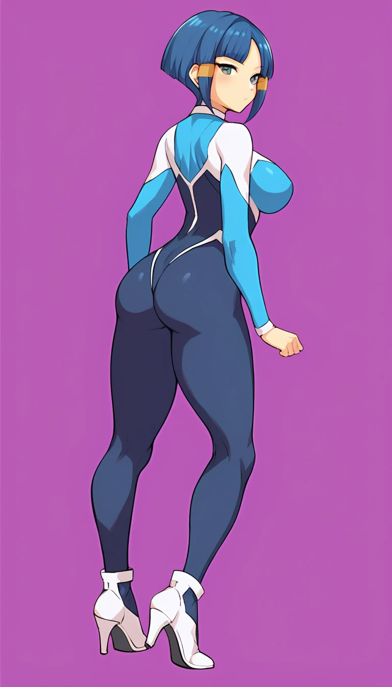 best quality,ultra detailed,solo,score_9, score_8_up, score_7_up, score_6_up, score_5_up, score_4_up, source_anime, 1girl, clara, blue hair, hair tubes, grey eyes, white bodysuit,big breasts, standing sexy pose, (behind view,portrait),full body,heavenly ass, heavenly breasts, big ass, no shoes, wearing white heels, upset, face, long legs, tight bodysuit, tight sleeves, black bodysuit, half-closed eyes, backside, charging dark power, charging dark energy, dark energy, using dark power, using energy, using dark energy, charging dark energy, dark aura, backside