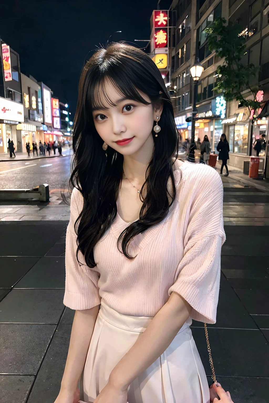 「Beautiful Japanese woman in her early 20edium-long, lightly wavy black hair style。A kind smile。She is wearing a tight pastel pink dress.、A fitted top that accentuates large breasts、A tight skirt that accentuates the thighs and buttocks。Wear a thin white cardigan、She is wearing a small necklace and earrings。With clear skin、Photorealistic but with a touch of anime。Night city background、A date scene in front of a cafe or restaurant with shining illuminations。With a small handbag in her hand、Talking while walking。In a romantic atmosphere、Background with hazy light effect。Poses and angles that emphasize the female curves。」