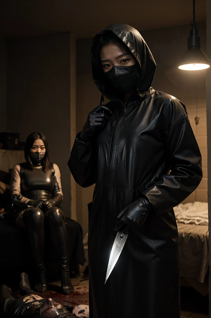 korean girl, (holding severed head, surgical mask), beheading, behind corpse, black leather gloves, room full of blood, black trench coat, hood up, holding knife, black gloves, behind corpse, blood splatter, black wet suit, very long hair, night, mass murderer, robbery, underground,
