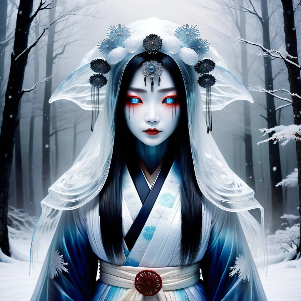 Create a highly realistic and eerie depiction of the Yuki-onna (Snow Woman), a popular and terrifying yokai from Japanese folklore. The Yuki-onna should appear as a beautiful yet ghostly woman with pale, almost translucent skin and long, flowing black hair. Her expression is cold and haunting, with piercing, icy blue eyes that seem to penetrate the soul. She is dressed in a traditional white kimono that blends with the snowy environment around her. The background should be a dark, snow-covered forest with a thick, eerie mist that adds to the unsettling atmosphere. The overall image should evoke a sense of fear and unease, capturing the chilling essence of this legendary yokai.