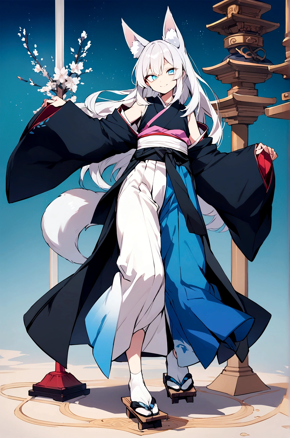 ((Detailed eyes, Shining eyes:1.2)),Has blue eyes,{best quality}, {very aesthetic}, {ultra-detailed}, {best illustration}, nsfw,{{1boys}},,boy,Tsurime Eyes,look at viewer,silver long hair,man,Fox ears,cute boy,eyes hidden by hair,Long Bangs,Perfect Face,Perfect Anatomy,Simple Background,whole body,7 heads,Are standing,tabi,geta,Men's Hakama,juvenile,Character Settings,((full body)),smile,Long lower eyelashes
