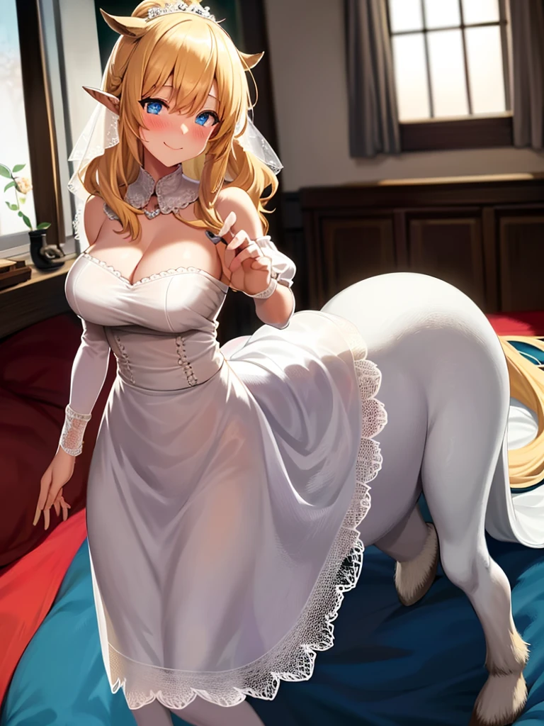 1girl, centaur, blonde hair, medium hair, blue eyes, long wedding dress, happy face, blush, looking at viewer, bedroom, bed,