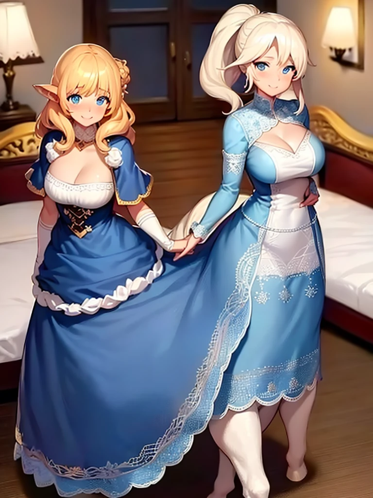 ((highest quality、High resolution))、(((2girls))), Portrait、A beautiful woman、Perfect body、beautiful ample breasts、Long blonde、bangs、Blue and white、Embellished blue sexy dress、No panties、Embarrassed、((Lift up your skirt and show your pussy))、Love juice、I&#39;m tempting you