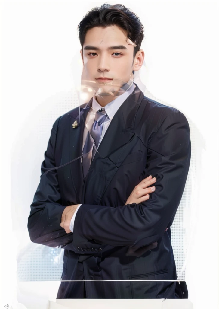 A man in a suit and tie stands with his arms crossed., Handsome and elegant, handsome man, Kaisa Salem, Official Photos, Handsome and charming, promotional pictures, Pose in style, handsome man, doing a graceful pose
