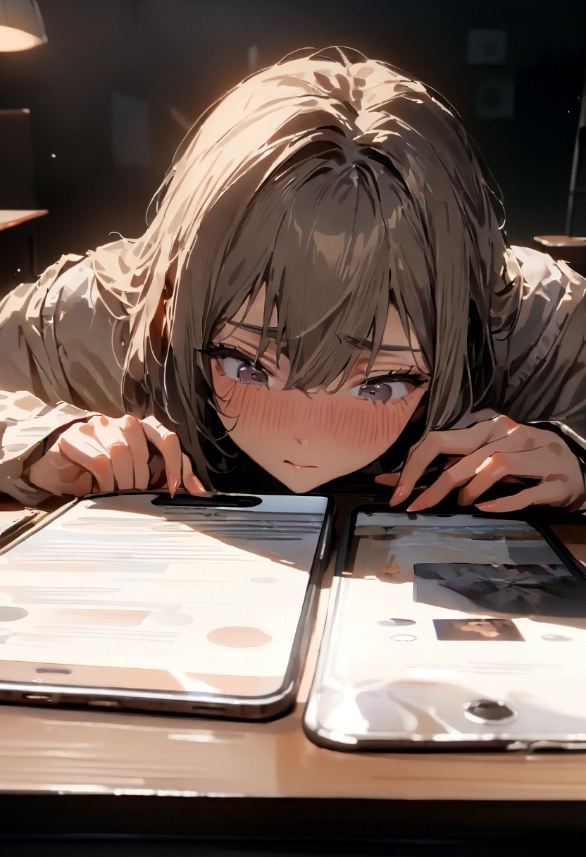 ((Best picture quality)), ((Masterpiece)), (Deleted), (Best picture quality,Super-resolution,High-resolution,Masterpiece:1.2), Woman in her 20s, a smartphone on the desk, anxious expression Woman's eyes are slanted downward