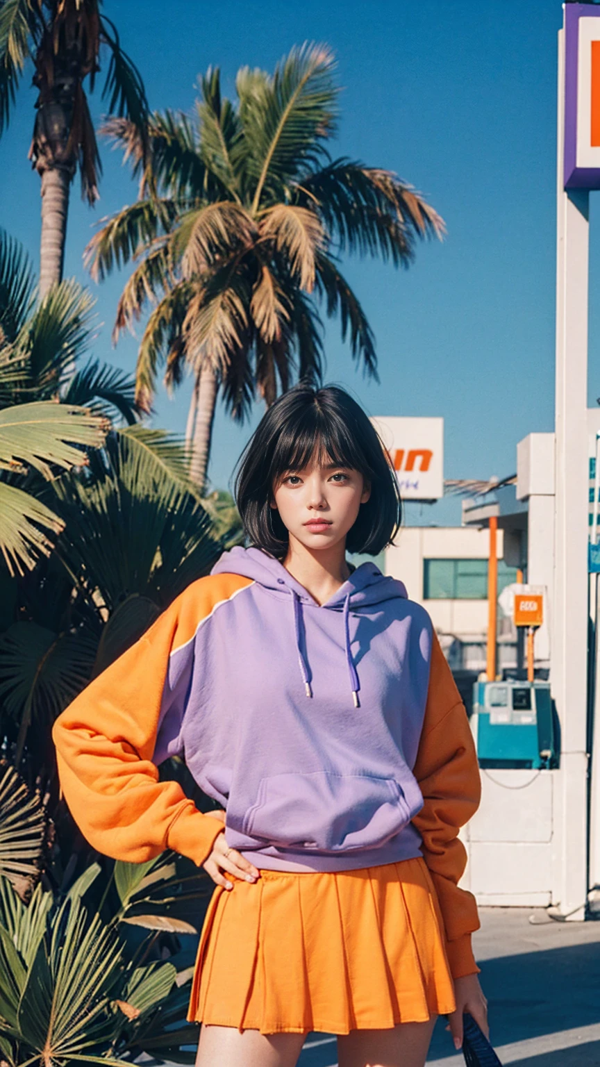 portrait of a 23 yo girl, (perfect natural breast) ,wear (((color orange oversized hoodie))), wear ((purple tennis skirt)),looking front,Best Quality,Masterpiece,Ultra High Resolution,(Realisticity:1.4),Original Photo, 1Girl, light leak,ultra high resolution,UHD,beautiful, (black bob hair), almond eye, no makeup, in front of ((80's gas station)), (realistic:1.2), (surreal:1.3), (very detailed:1.1), ((masterpiece)),summer, blue sky, palm trees,sunny, los angles vibes,film camera, 800mm lens,style of Philip Lorca diCorcia