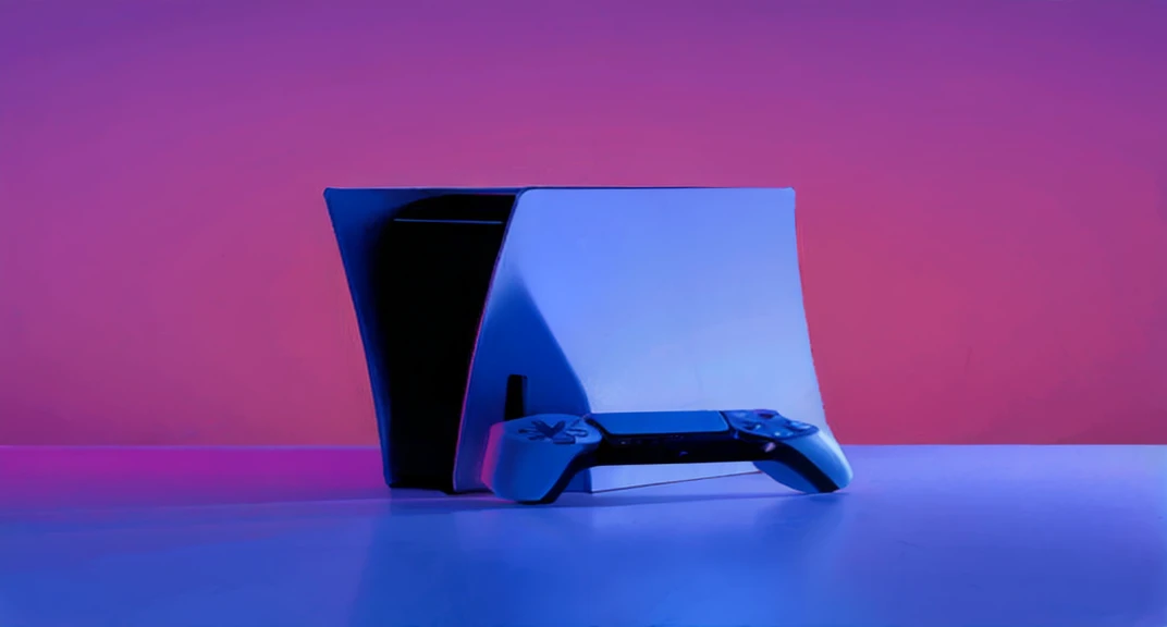 ultimate best quality, playstation 5 console, purple background