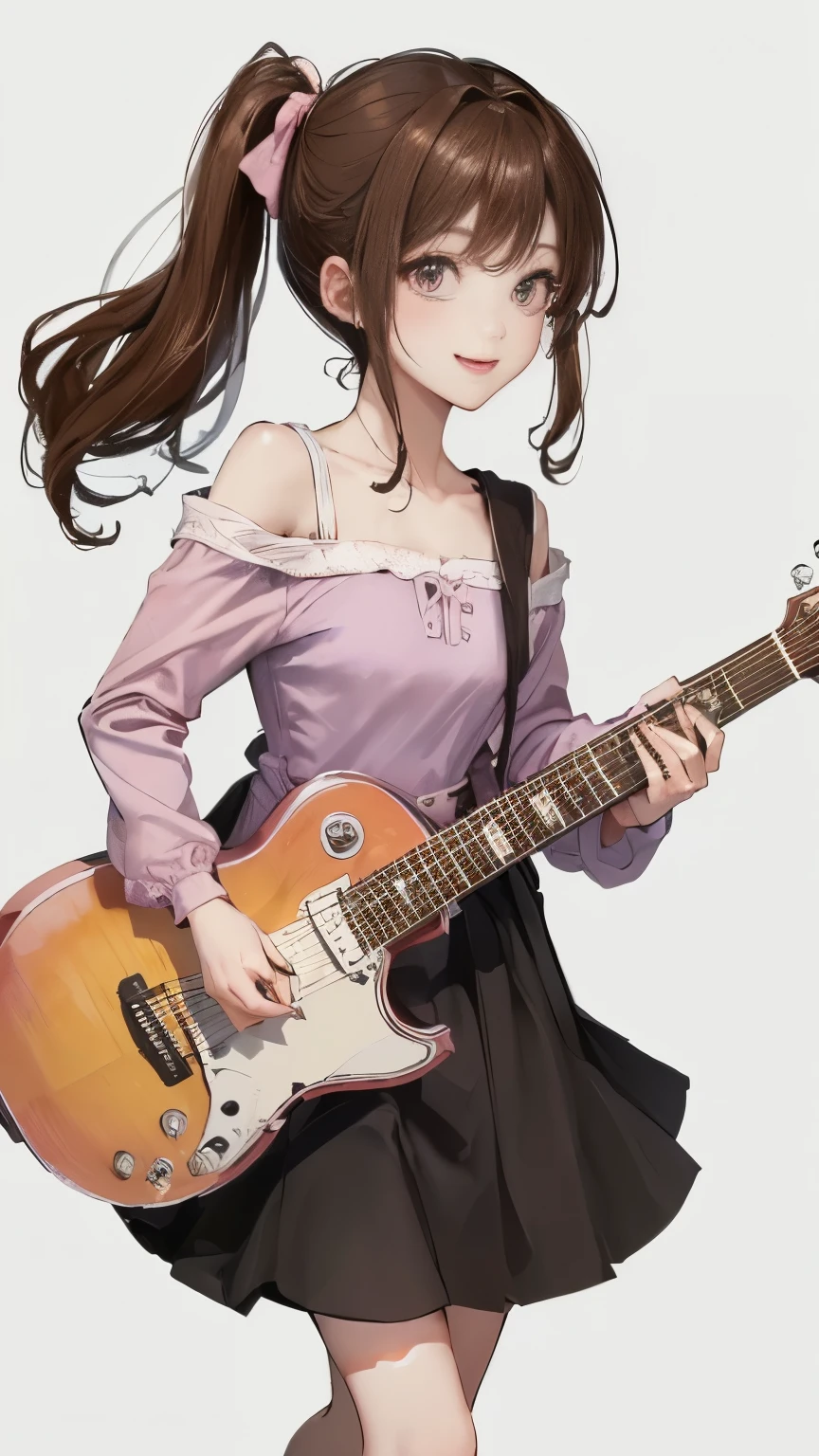 (((White wall background)))、(((Best image quality、8K、Beautiful woman、White wall background)))、guitarist、play the guitar、(((Brown Hair)))、(((Side Ponytail)))、(((smile)))、(((Pink summer dress、mini skirt)))、(((Pure white background)))、Eyes closed、Mouth open、