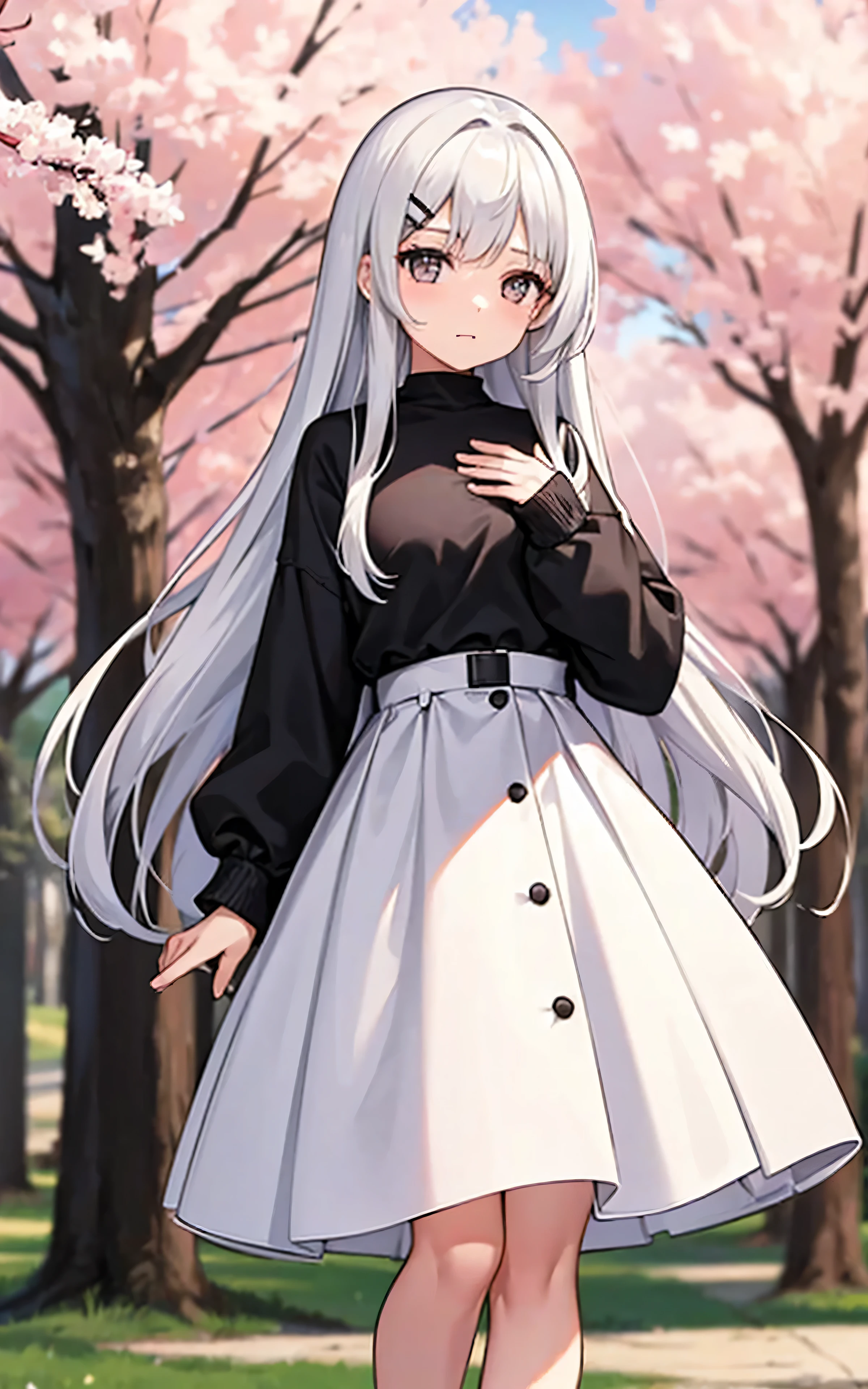 A girl，White long hair，Dissemination，-yeld giC cup，gray eyes，Height 168，Looks a bit dull，Black top，White long skirt，Standing under a huge cherry tree，Facing the camera，Looking at the camera shyly，Blurred eyes，Slightly red face，One hand on chest，Looks very cute，Black shawl，Two bar hairpins in the hair，A black，A white one