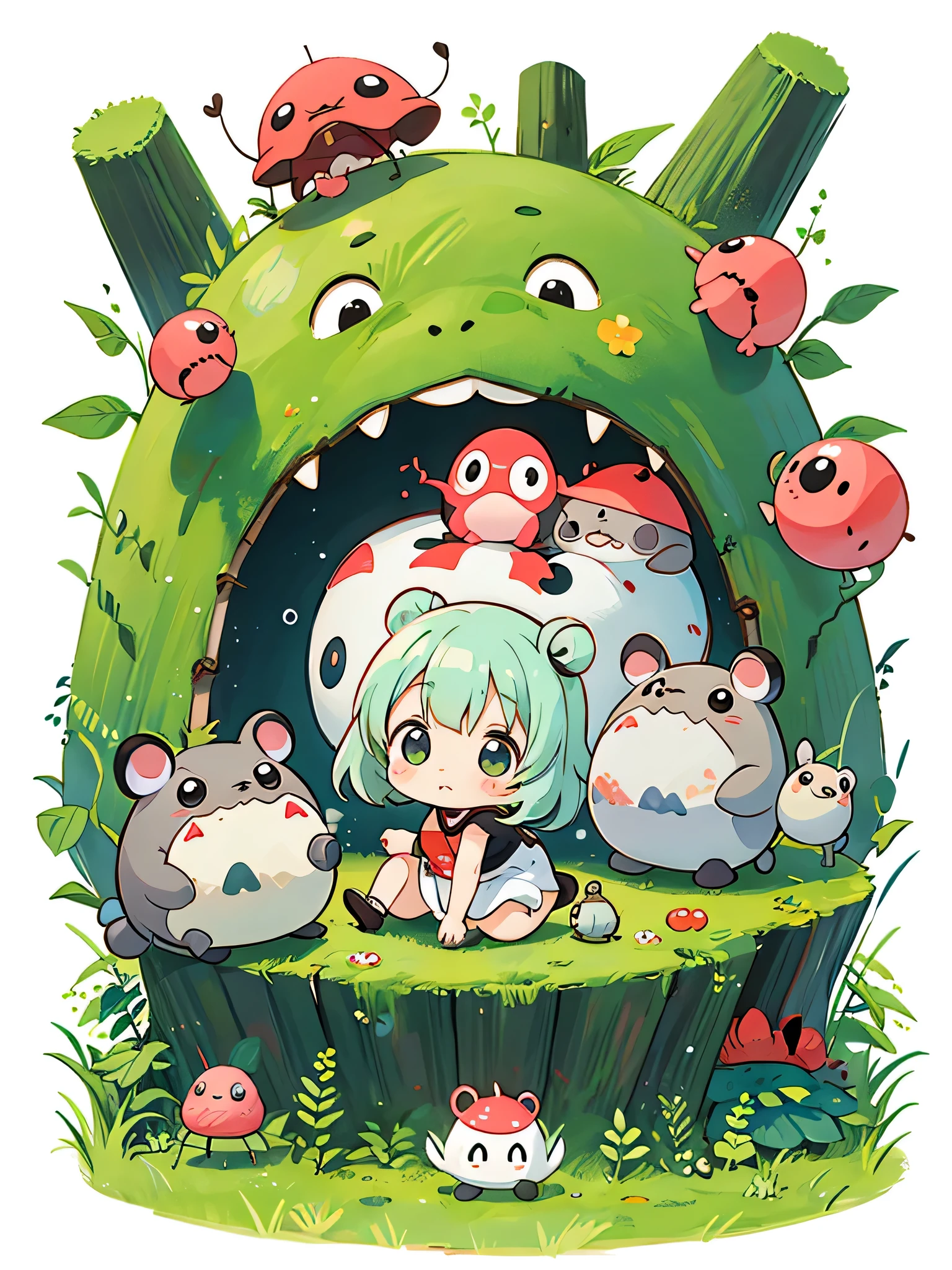 Black Star Red and White style, Kawaii Design, The most beautiful girl of all time、Chibi, Colorful and cute pillbugs, Totoro Forest