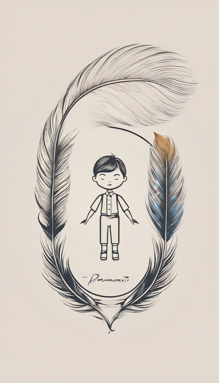 A minimalist, fantastic, poetic, dreamy, captivating, memorable, masterpiece, modern, simple logo design of a boy and a feather for the brand “Penamemoria". The logo must convey a sense of music, stories and dreams. Minimalistic logo design of a boy and a feather.