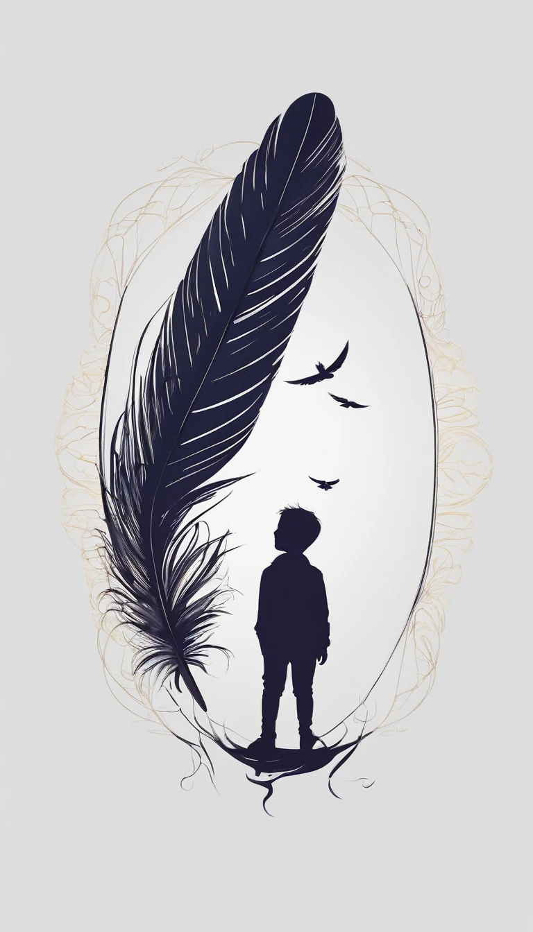 A minimalist, fantastic, poetic, dreamy, captivating, memorable, masterpiece, modern, simple logo design of a boy and a feather for the brand “Penamemoria". The logo must convey a sense of music, stories and dreams. Minimalistic logo design of a boy and a feather.