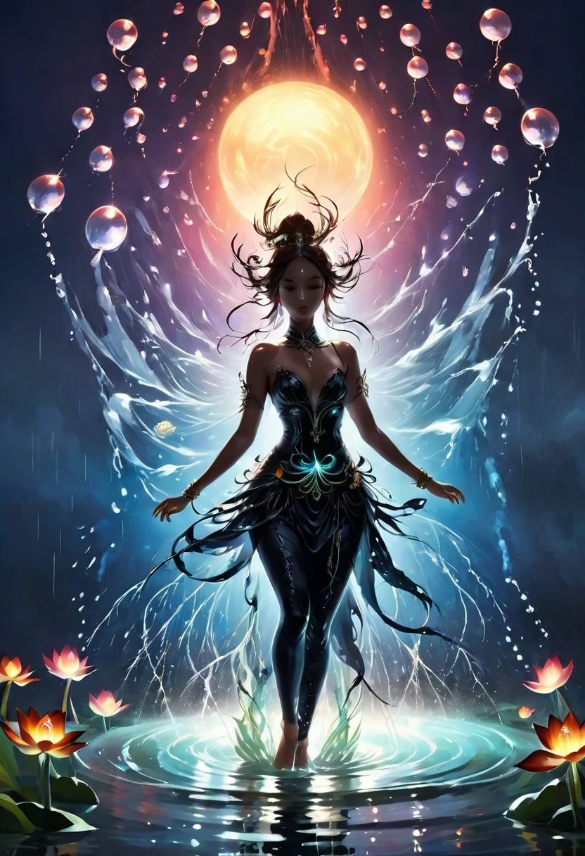(rainstorm:1.5),Rain splash,Huge waterspout,In the middle of the lake, Mysterious female black silhouette in the middle of the night, Surrounded by glowing spheres, Summoners dance to appease the spirits of the dead. Ceremonial canvas clothing. Sensual. Multiple magic arrays. Dynamic dance. Water Lily. Colorful palette.
