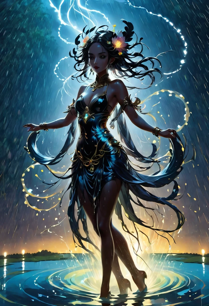 (rainstorm:1.5),Rain splash,Huge waterspout,In the middle of the lake, Mysterious female black silhouette in the middle of the night, Surrounded by glowing spheres, Summoners dance to appease the spirits of the dead. Ceremonial canvas clothing. Sensual. Multiple magic arrays. Dynamic dance. Water Lily. Colorful palette.