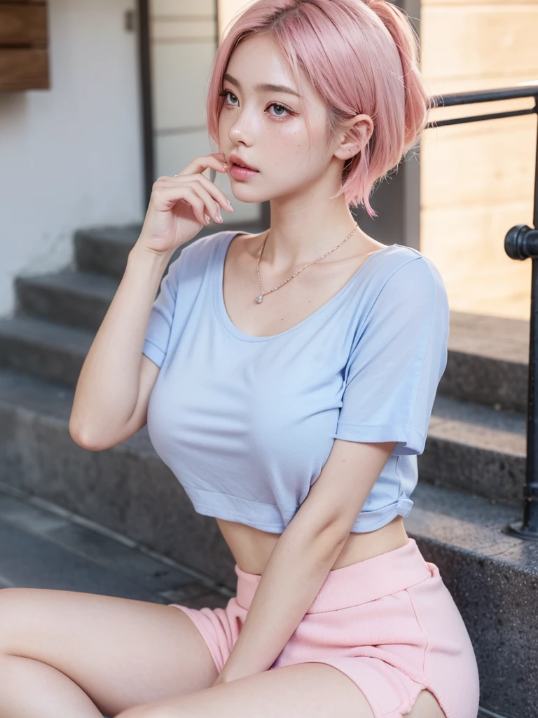 Background ( japanese style ) , sitting on a staircase between a Street , showing panties, camara angle down-side, looking front side, shy, wearing sunglasses Cute girl short pink hair, wearing mini skirt and  Dark blue blue blue blue blue blue colour tshirt ,all her hair short pink , with a star clip in her pink hair, light colored eyes, pretty eyes, crying eyes, pretty, upturned nose, watery nose, Pretty lips, pink lips, heart and cupid shaped lip, pretty skin, pale, White skin, with moles and freckles all over his face, soft pink blush on the cheeks, natural pink blush, soft pink makeup, Jennie, nice neck, marked collar, frown, tender look, with a kiss necklace, while having a bare abdomen, Delgado, marked and pretty, (big breasts, soft breasts, nice breasts),  photorealism, 8k , photorealistic 