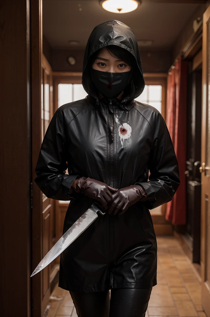 korean girl, (behind corpse, surgical mask), blood splatter, holding knife, stabbing, black gloves, room full of blood, transparent raincoat, hood up, holding knife, black gloves, behind corpse, short hair, night, mass murderer, robbery, in the hotel,