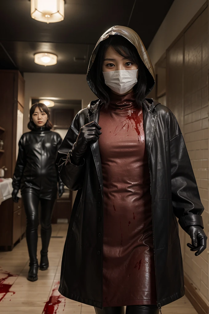 korean girl, (behind corpse, surgical mask), multiple girls, holding knife, stabbing, black raincoat, leather gloves, hood up, room full of blood, black wet suit, holding knife, leather gloves, behind corpse, blood splatter, short hair, night, mass murderer, robbery, in the house,
