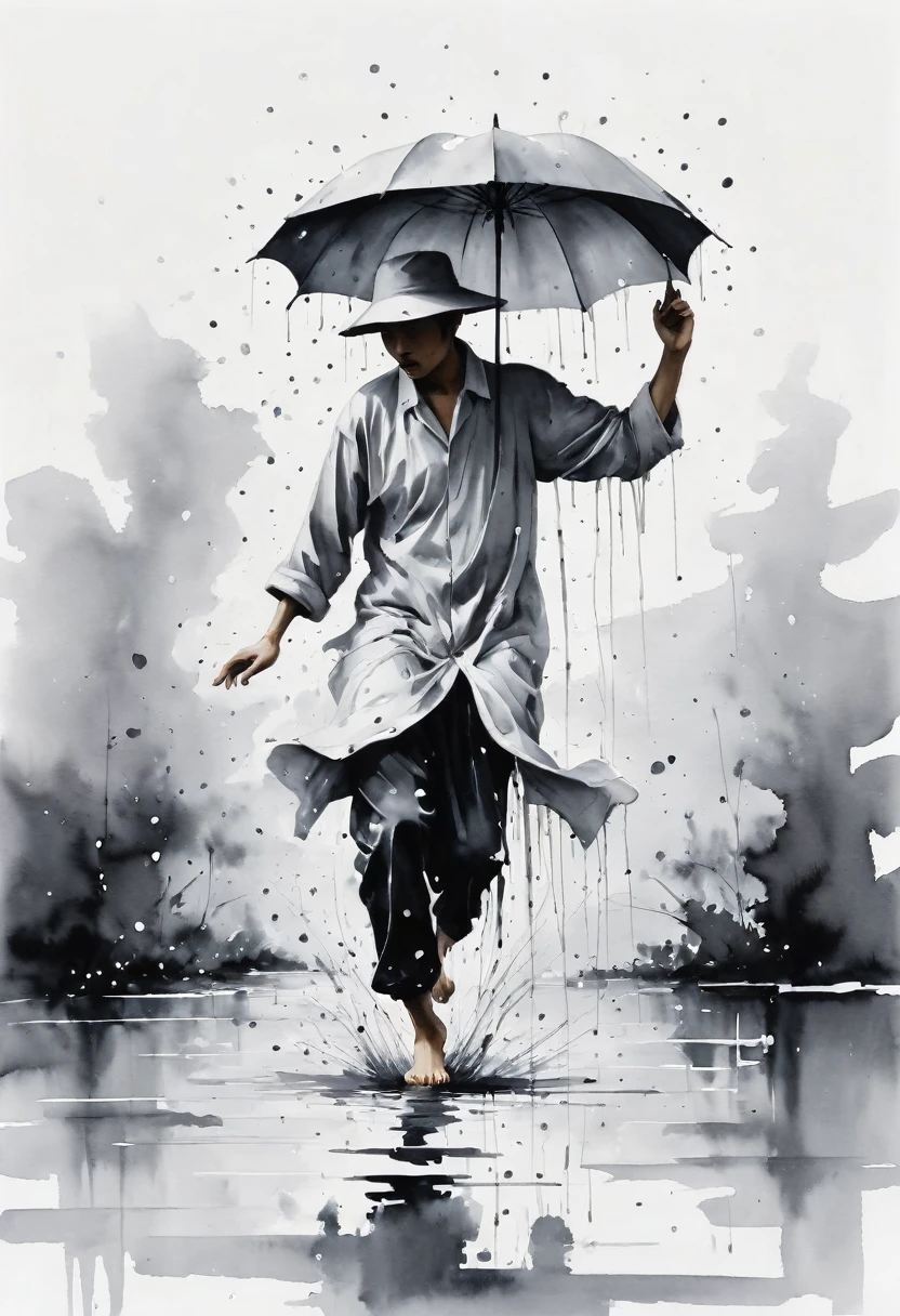 中国Ink Painting, Gray and White, Minimum,White background,Waterway, Minimalism,  Huge negative space, Ink Painting, Abstract，heavy rain，A person dancing in the rain