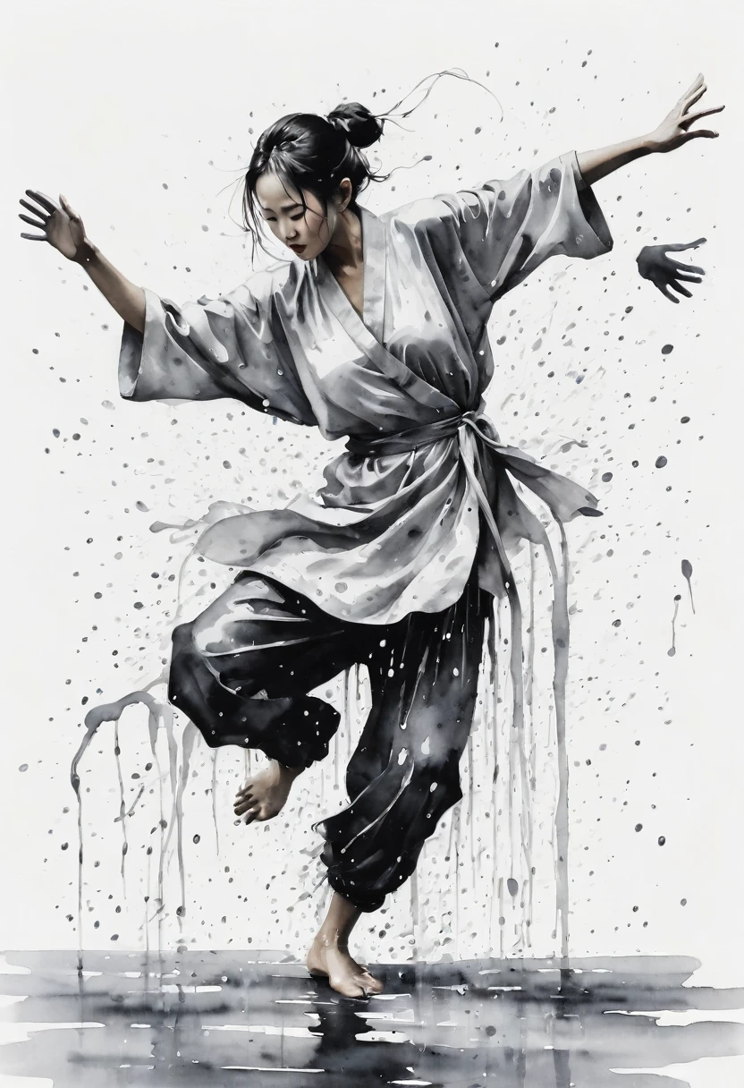 中国Ink Painting, Gray and White, Minimum,White background,Waterway, Minimalism,  Huge negative space, Ink Painting, Abstract，heavy rain，A person dancing in the rain