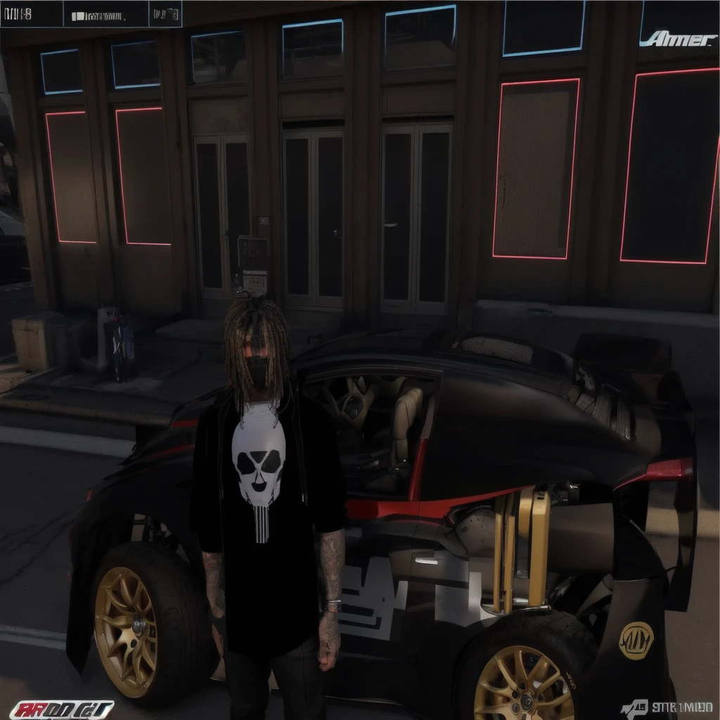 realistic, arafed image of a man standing next to a car with a skull on it, nymous as a car, second life avatar, mechanic punk outfit, style of gta v, inspired by IAN SPRIGGS, on a street race track, upper body avatar, inspired by Cam Sykes, in front of a garage, realistic