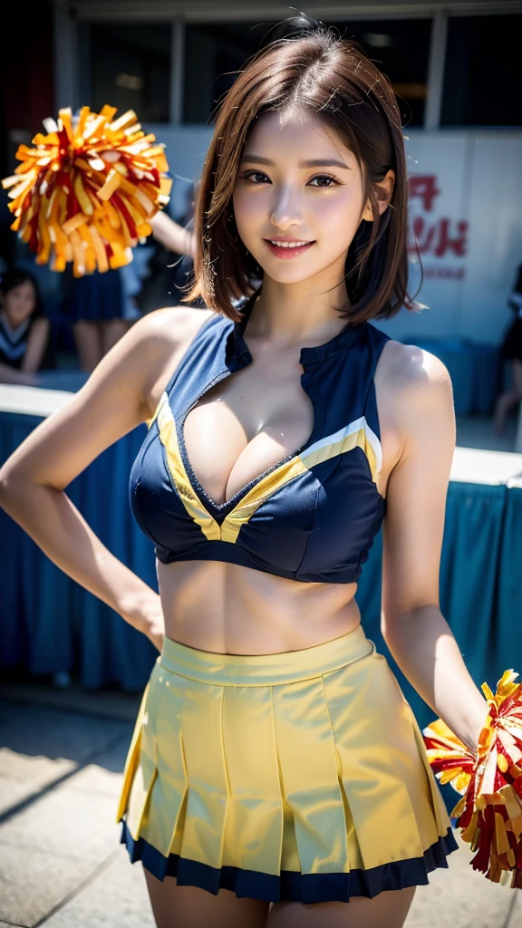 (8K, RAW Photos, Highest quality, Tabletop:1.2 (Realistic, Photorealistic:1.37),One Girl, Professional Lighting, Photon Mapping, Radio City, RAW Photos、(Photorealistic:1.4)、Octane Rendering、Complex 3D rendering with ultra-detail, Studio Soft Light, Rim Light, Vivid details, Super Detail, Realistic skin texture, Detailed aspect, Beautiful details in the eyes, Highly detailed CG Unity 16k wallpaper, compensate, (Detailed Background:1.2),Highest quality, Ultra-high resolution, Tabletop, One Girl,Brown Hair,(short hair), 20-year-old,((Colorful cheerleader costumes、Cheerleader Outfits)), Cute face、((Pleated skirt))、Nogizaka Idol、Chinese Idol、Japan is an idol、((Cleavage)),Smile