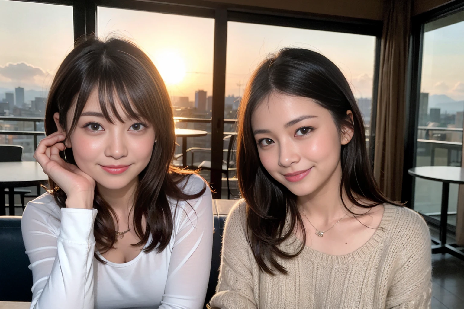 ((Highest quality、、masterpiece:1.3))、1 male、1 female、42 years old 39 years old、Yuko Araki Slim Beauty、Beautiful couple、smile、 (Slim face), (the body is スリム), (Brown Hair), (Shortcuts), テーブルのフルコースディナーとwine glass、Amazing view of the sunset sky and clouds、smileの美しさ、Wine bottle、sparkling wine、Long sleeve shirt、dress、White wine, red wine, wine glass, Beautiful fine grain, Depth f/2,saturation, High Contrast, Strong light and shadow,Moist Body:1.5、3D texture、Delicate eyes、Brown Hair、The hair is very shiny、