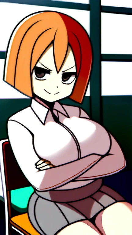 1 woman, 17 years old, (choppy bob, orange hair), angry face expression, (crossing arms), plump body, black eyes, Indonesian high-school uniform, (wearing transparent white shirt, showing bra), osis logo on shirt pocket, huge XL breasts, light-grey pleated skirt, sitting on a chair, seductive pose, full body shot, smiling, in the classroom.