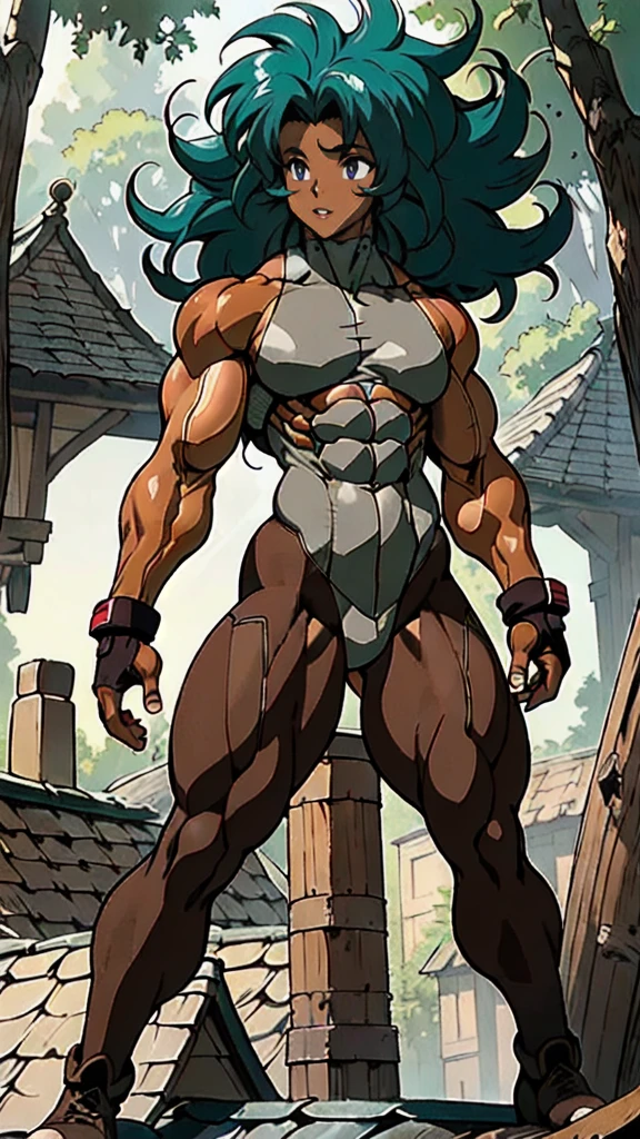 (athletic muscular body), {{{(((african american)))}}}, {{{((( (glossy) (smooth) ((dark brown skin)) )))}}}, (((pro wrestler))), (((kunoichi))), {{{(((24-year-old)))}}}, {{{(((young woman)))}}}, (((tomboy))), (((stoic))), (((bored))), (((emotionless))), (((wolflike))), ( (messy) (curly) (((long))) (dark mint green hair) ), (big intense (silver eyes) ), (small breasts), toned abs, {{{(((strong leg muscles)))}}}, toned biceps, toned forearms, toned deltoids, toned triceps, toned erector spinae, toned rhomboids, toned hamstring muscles, firm muscular glutes ,{{{(((strong back muscles)))}}}, (((thick muscular trapezius))), (((big muscular latissimus))), toned quadriceps, toned gastrocnemius, toned soleus, amazing ass, (((character wearing a (skintight long sleeve (brown with some gray) ( fur pelt bodysuit) ) ))), (((knee pads))), (((fingerless gloves))), (((combat boots))), {{{(((lush fantasy ancient forest (village) )))}}}, {{{(((standing on the roof of a house )))}}}, {{{(((great anatomy)))}}}, {{{(((high muscle mass)))}}}, {{{(((well-trained muscles)))}}}, {{{(((well-toned muscles)))}}}, {{{(((best quality)))}}}, {{{(((masterpiece)))}}}, {{{(((wide shot)))}}}, {{{(((90s anime)))}}}
