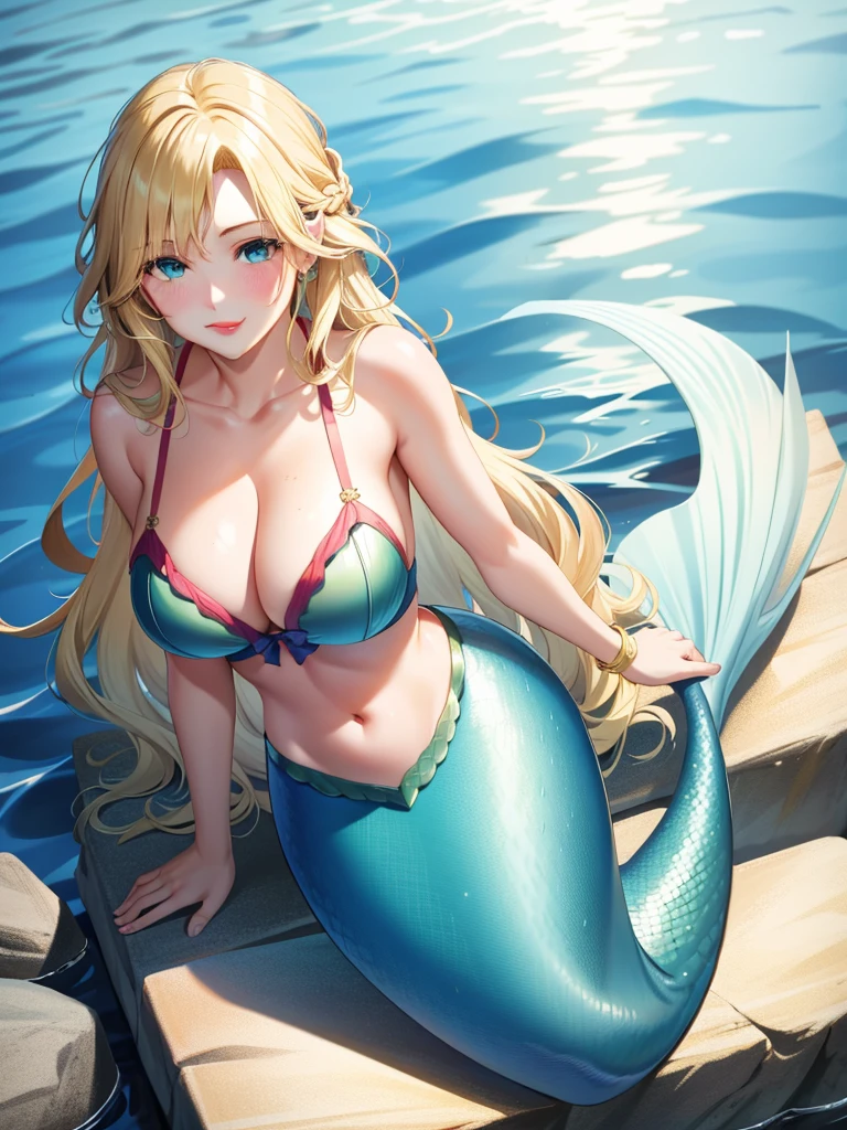 mermaid, blonde hair, long hair, wavy hair, blue eyes, red lips, smile, blush, large breasts, bra, underwater, green mermaid, mermaid tail,