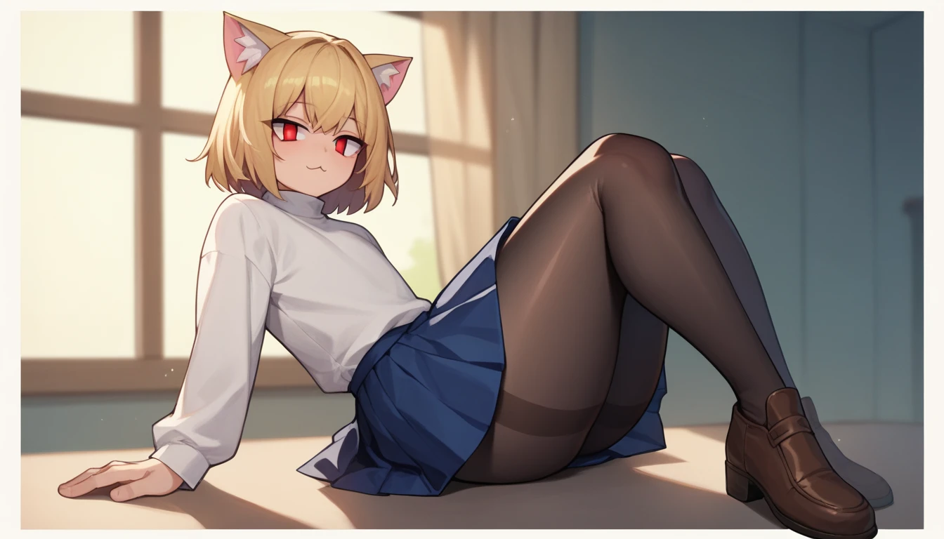 score_9, score_8_up, score_7_up, score_6_up, score_5_up, score_4_up, BREAK, 1boy, solo, necoarc, lit pupils, cat ears, blonde hair, red eyes, :3, turtleneck, blue skirt, pleated skirt, pantyhose, brown footwear, highlight thighs, thick thighs, seductive pose