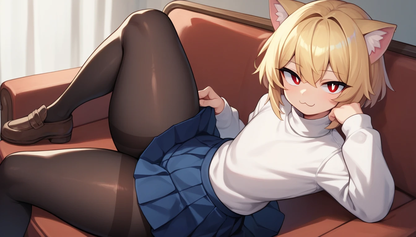 score_9, score_8_up, score_7_up, score_6_up, score_5_up, score_4_up, BREAK, 1boy, solo, necoarc, lit pupils, cat ears, blonde hair, red eyes, :3, turtleneck, blue skirt, pleated skirt, pantyhose, brown footwear, highlight thighs, thick thighs, seductive pose