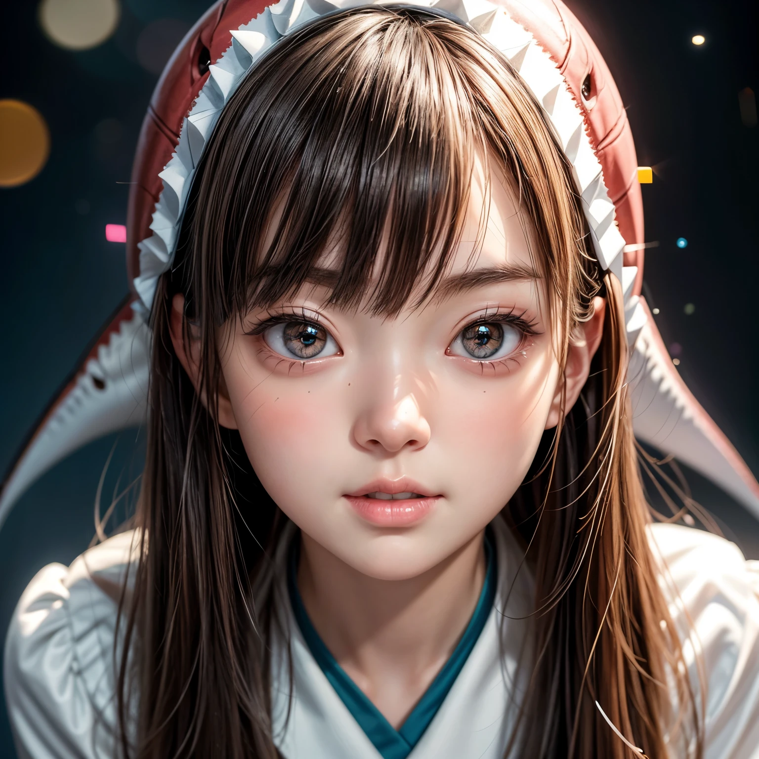 (((stuffed Shark on Head))), 8k, High-level, absurd, masterpiece, best quality, primitive, very detailed CG, very detailed wallpaper, perfect lighting, Extremely detailed ((( personifying " Sark Girl " as a Little Girl))), MysticSight, Tyndall effect, Tyndall scattering, (Studio gray background with (Overflowing oodles Dazzling RainbowColorParticles (BokeH))), (RoundlyButts, ThighGap), (Exposed:0.4), (Assfocus with looking ahead) BREAK  (Acutance:0.88), (NOGIZAKA face variations) Extremely Detailed very KAWAII face variations, perfect anatomy, Childish, CaptivatingGaze ElaboratePupils detailed Eyes with (sparkling highlights:1.28), (Voluminous LongEyelashes:0.88)、GlossyRED Lips with beautiful details, RosyCheeks, Radiant PearlSkin with Transparency . { (Dynamic LifeLike expressions:1.4) | (:d) }, (large eyes:-1) .