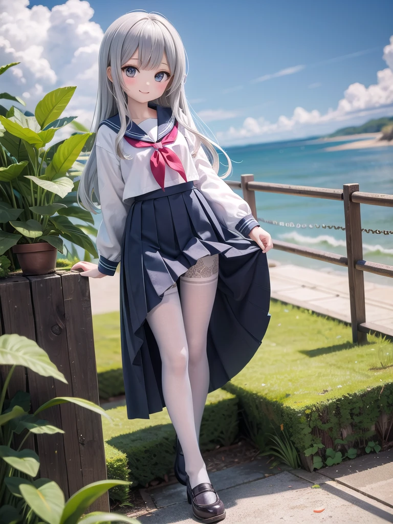wallpaper, Clear Face, (masterpiece),  town,  blue sky,  一peopleの少女, people々Leading in the right direction,  smile,  一peopleで,  Sailor suit、Long skirt,  Overgrown,  petal,  plant、Skirt lining、White slip、nostalgic、pantyhose（gray）、You can see the sea in the distance, Crotch close-up