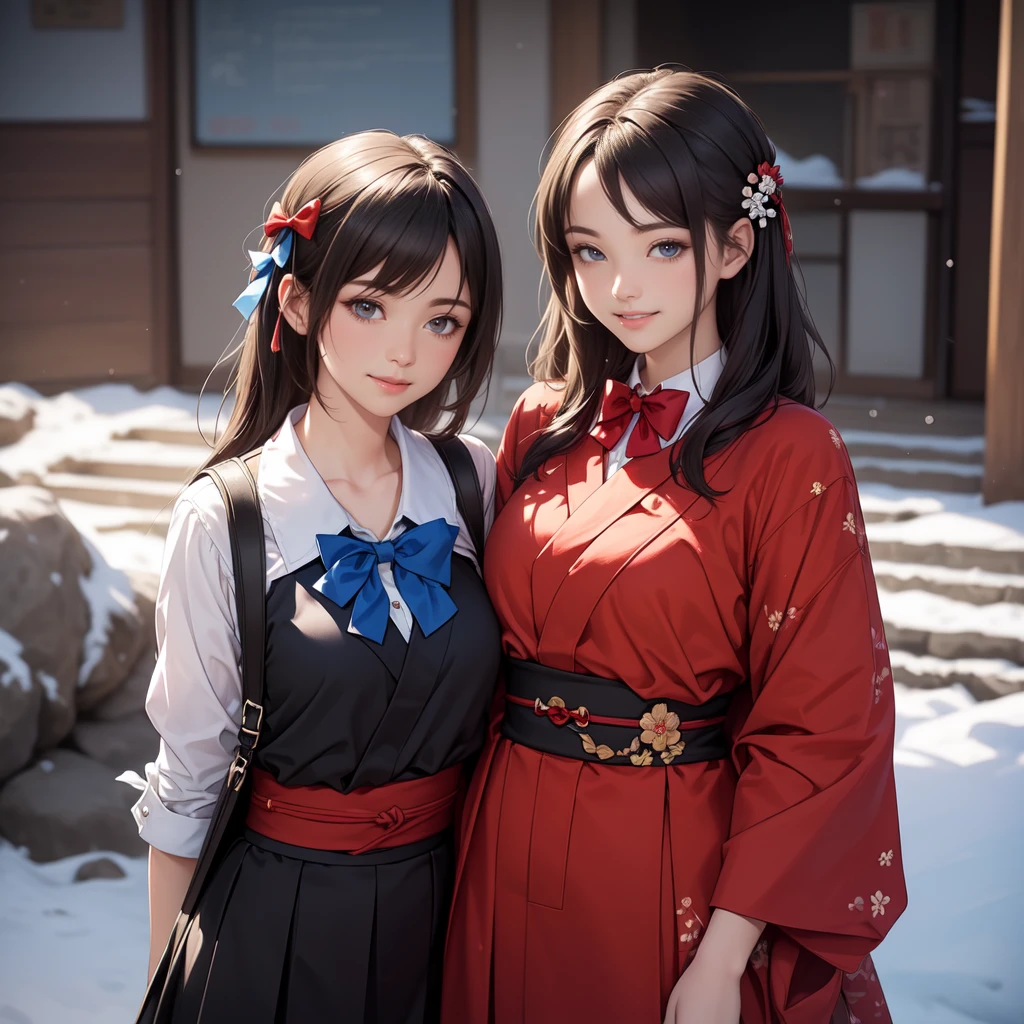 (8K, RAW Photos, Highest quality, masterpiece)),((Showing the kimono from the obi up:1.5)), High-resolution RAW color photos、 Professional close-up photography, (Realistic, フォトrealism: 1.37), (Highest quality), (Best Shadow), (Best illustrations), High-quality images、Skin Radiance、Texture of skin and clothing、 Expression of fine eyes、Shiny Hair,Long Hair Girl, Manga inspired by Lee Jong-suk, Trending on deviantart, realism, detailed manga style, Manga art style, Perfect Line Drawing, Beautiful line art, digital manga art girl, K-POPアイドル, Beautiful brown eyes, Fuller lips, Gorgeous face with attention to detail, (Cute Smile), attractive, Innocent, (Perfectly detailed face), (Detailed and carefully drawn hand) Photorealistic images, Written boundary depth, (Japanese style princess cut hairstyle:1.5), best quality, masterpiece, New Year, Three Japanese high-school cute girls, ((looking straight:1.7)), a short-sleeved Japanese-blue-high-school-sailor-suit, ((Reddish bow tie, with a school bag:1.5)) ((gently smiling:1.7)), ((upper arms hidden by clothes and hair:1.5)), (innocent and pure high-school-girls:1.7) (separately side by side:1.5), shrine background, (mount Fuji:1.3), ((snow)) winter(season), (outdoors:1.5)
