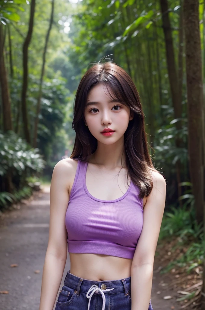 A very cute girl, solo, young, wearing purple tank top and short pants, big breasts, white and smooth skin, standing, long hairs, red lip, at forest, realistic face