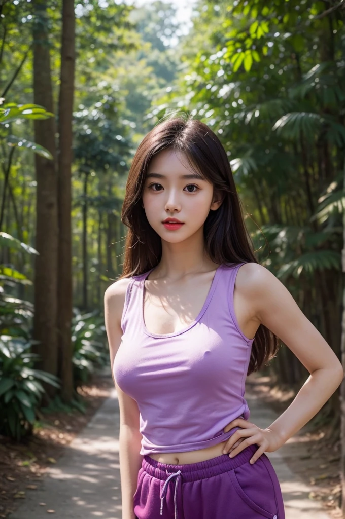 A very cute girl, solo, young, wearing purple tank top and short pants, big breasts, white and smooth skin, standing, long hairs, red lip, at forest, realistic face