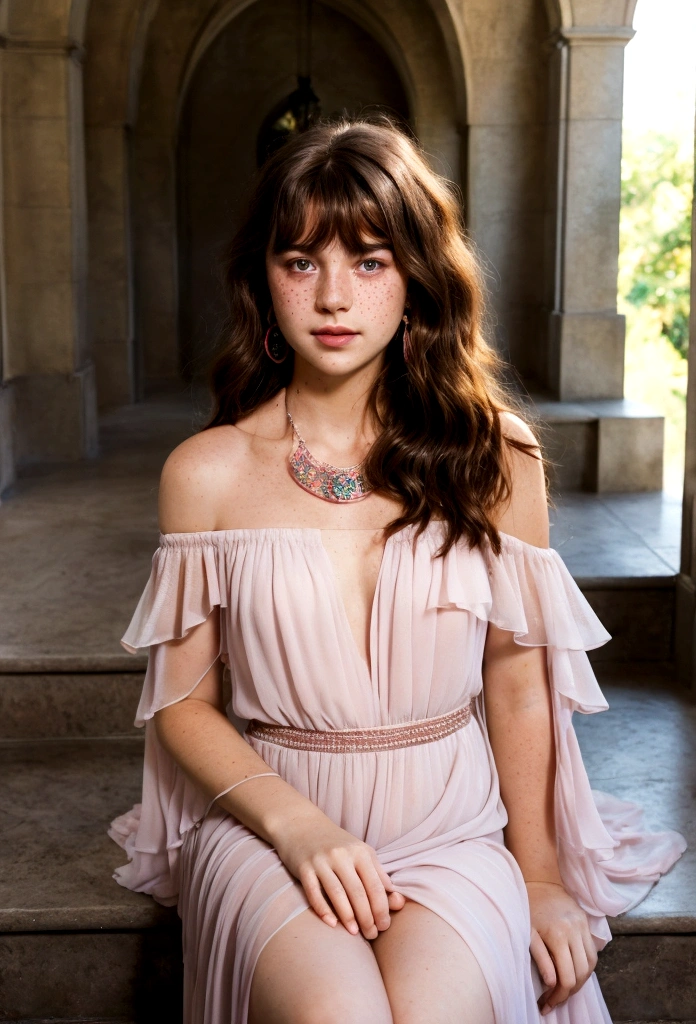 Masterpiece of allure, (16-year-old:1.2), mary elizabeth winstead, (freckles on cheeks, medium-length flowing dark-brown hair:1.2), (small breasts), (wearing pink chiffon white layered silk dress,off-the-shoulder 1.2), necklace and earrings, revealed in a sensual moment, photorealistic, full body, ballroom by marble stairs, a captivating smile lingers at the corner of her lips, ultra-high-resolution, film stock photography, F2.8 lenses, vibrant colors, realistic, under the clear, sun-kissed sky, by a renowned artist.