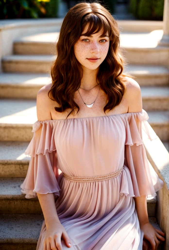 Masterpiece of allure, (16-year-old:1.2), mary elizabeth winstead, (freckles on cheeks, medium-length flowing dark-brown hair:1.2), (small breasts), (wearing pink chiffon white layered silk dress,off-the-shoulder 1.2), necklace and earrings, revealed in a sensual moment, photorealistic, full body, ballroom by marble stairs, a captivating smile lingers at the corner of her lips, ultra-high-resolution, film stock photography, F2.8 lenses, vibrant colors, realistic, under the clear, sun-kissed sky, by a renowned artist.