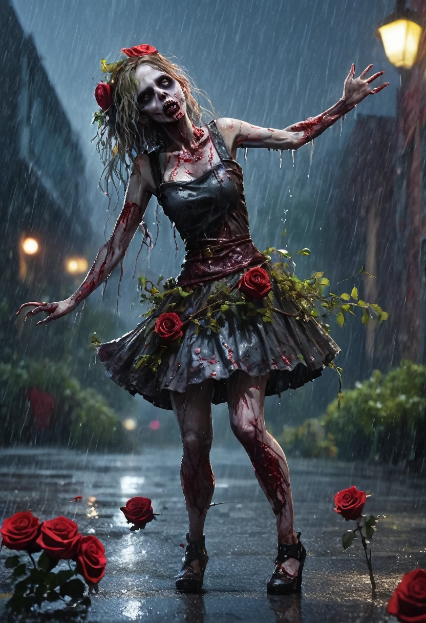 Thorny rose vines entwining around the body of a female zombie、Overflowing rose flowers、Wearing a dirty and damaged floral dress、Detailed decayed eyes、Detailed collapsed lips、Highly detailed skull-like face、Pale grass-colored skin、Sunken eye sockets、Big Breasts、Big Butt、(In the rain, a female zombie dances with her arms raised and her armpits exposed.:2.0)、Dark and gritty、Cinematic lighting、High contrast、Gloomy atmosphere、Super detailed、8K、Photorealistic、masterpiece、Horror、Gothic、Late Night